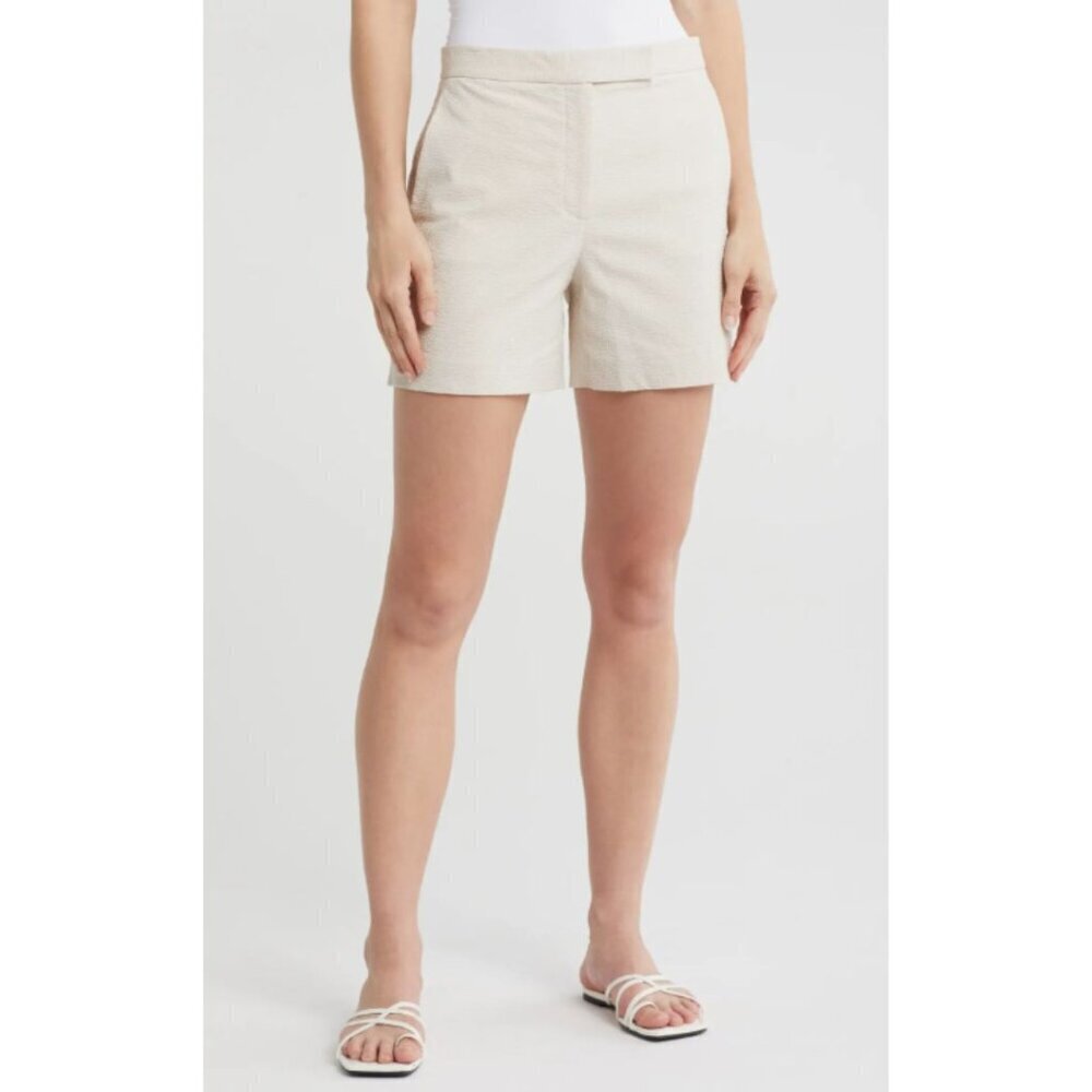 NWT THEORY Stripe Seersucker Cotton Blend Shorts Sand Beige 4